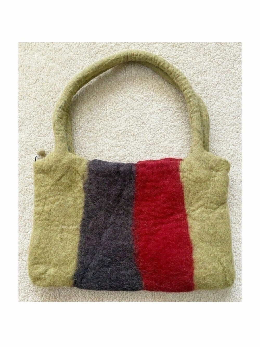 Nepal Woolen Felt Tote Handbag Green Grey Striped Lined Fall Winter Rising Tide